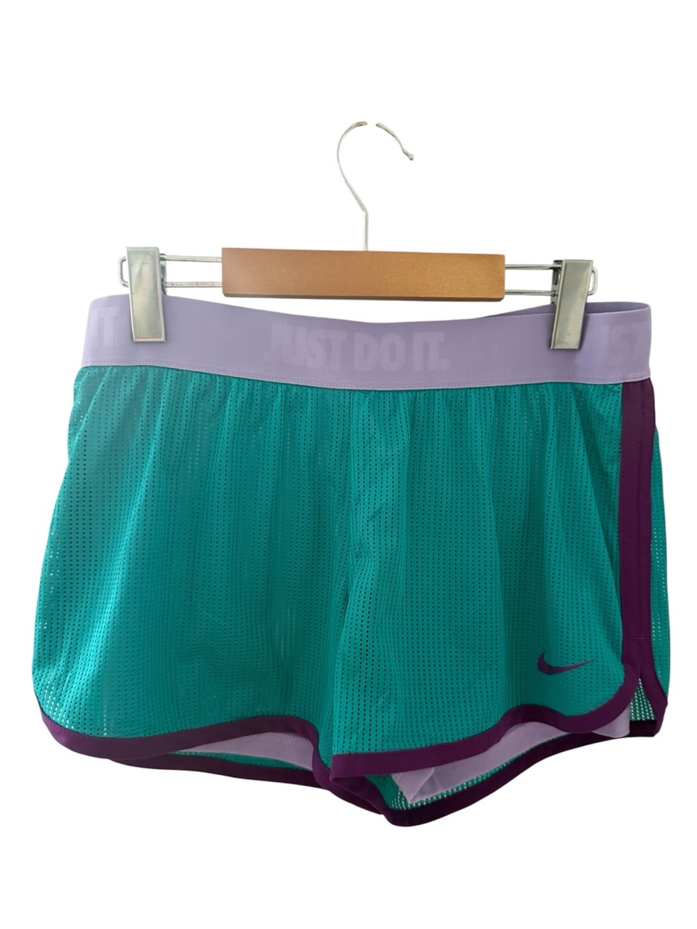 Nike Women's Teal Athletic Shorts with Purple Trim